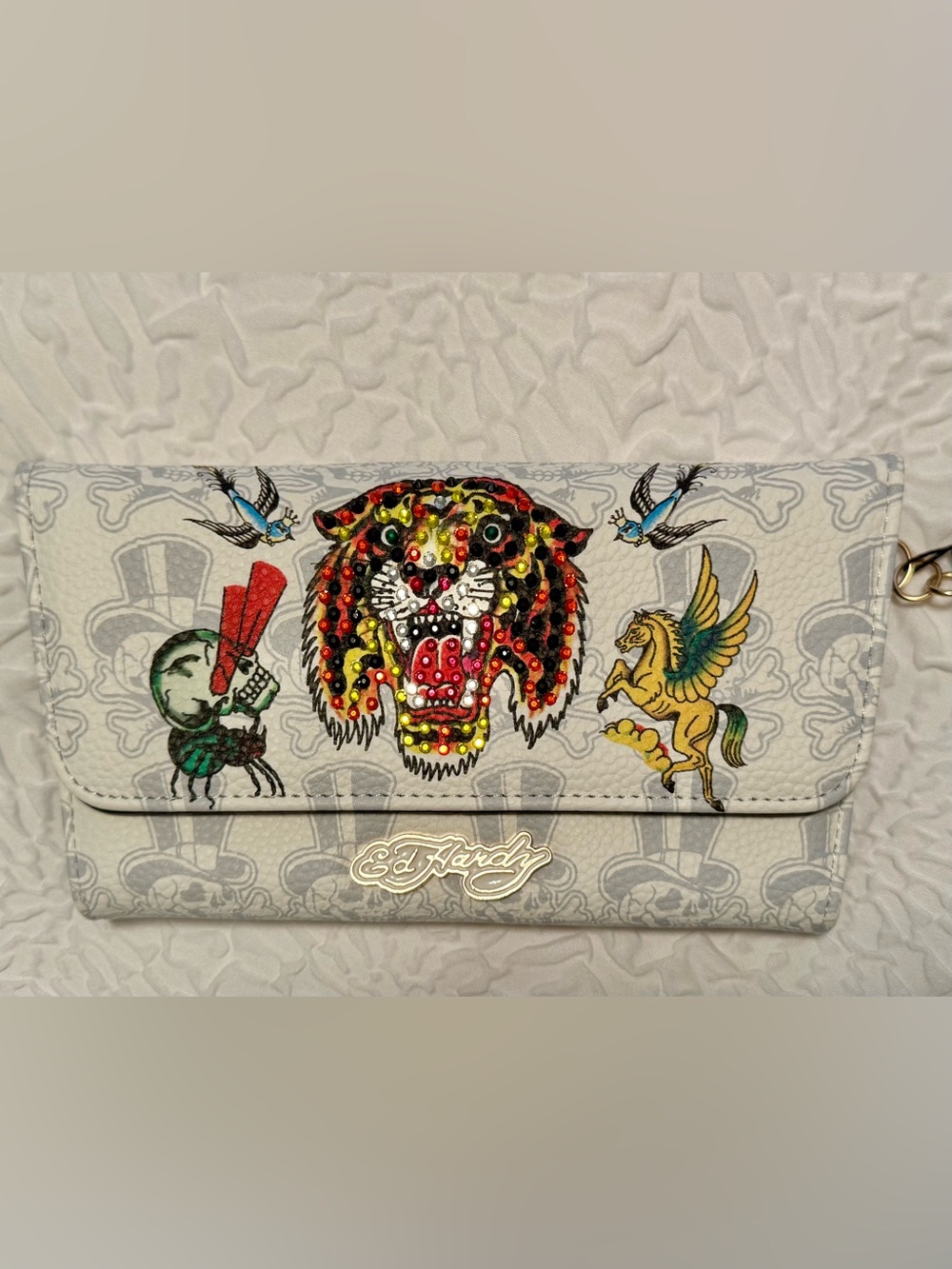 Wallet - Ed Hardy White & Gray Multicolor Studded Tiger NWT snap closure